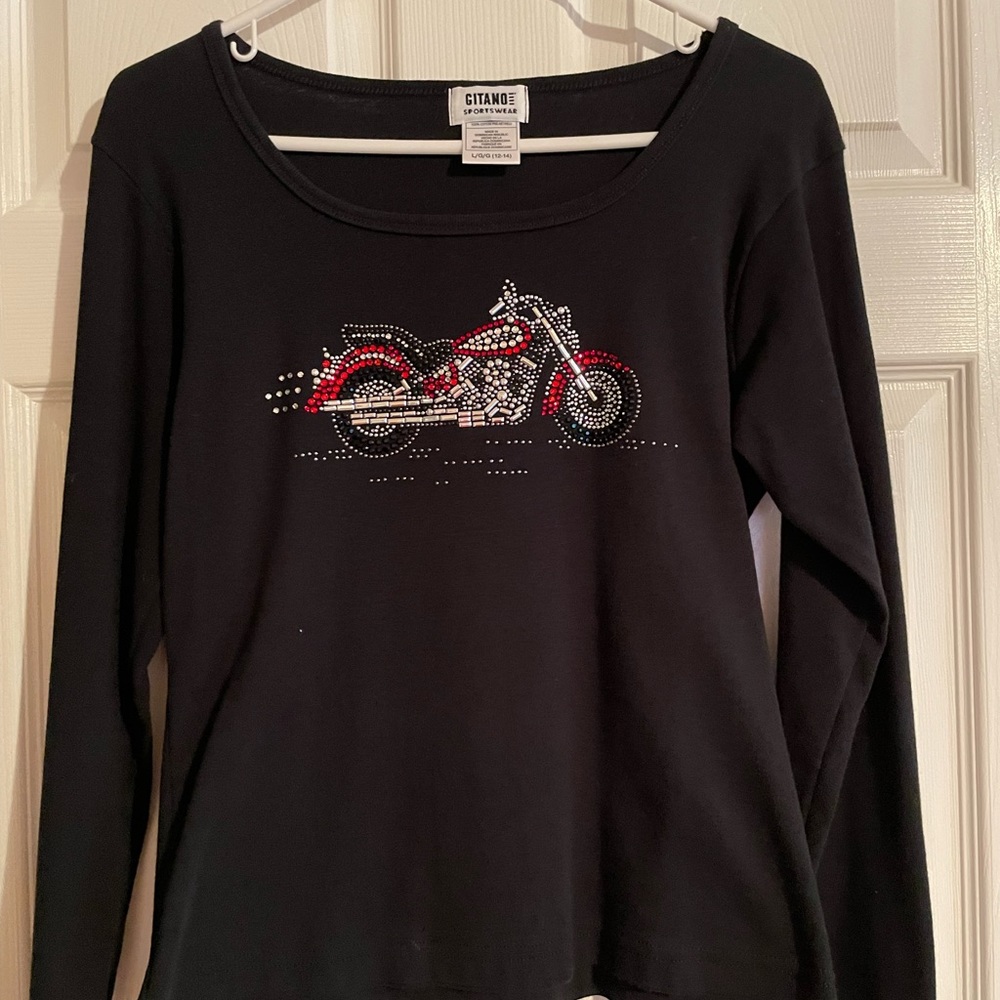 Biker Bling! Look fabulous in this studded scoop neck motorcycle tee!